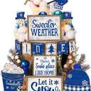 Pickmesh 24 Pcs Winter Tiered Tray Decor Rustic Snowman Table Decoration for Home Snowflake Table Shelf Winter Farmhouse Decor Xmas Trees Pine Signs for Christmas Shelf Kitchen(Bule)