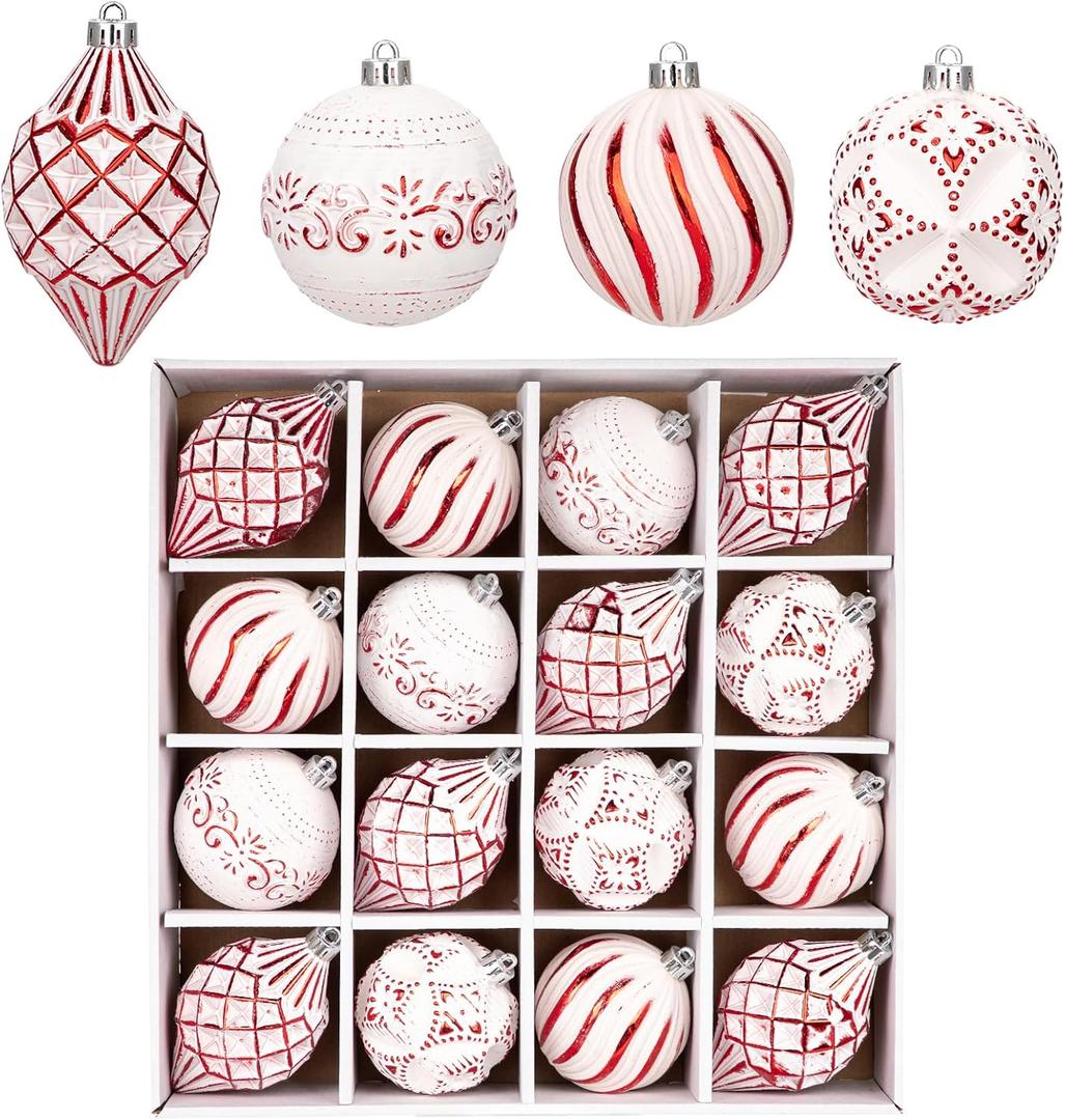 16PCS Shatterproof Christmas Ball Ornaments Set, Hand-Painted Holiday Decor with Assorted Sizes & Designs for Christmas Tree Thanksgiving Party Decoration, Red-White