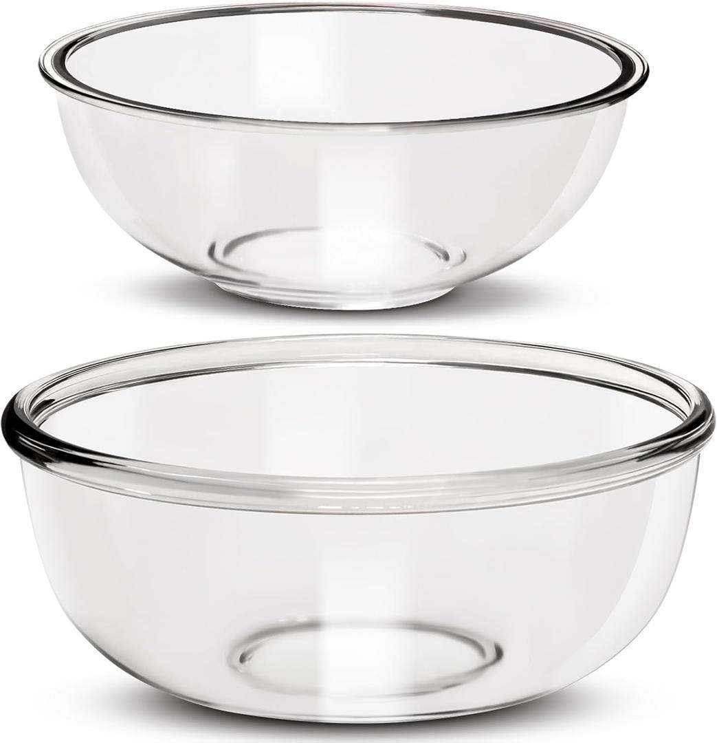Large Borosilicate Glass Mixing Bowls, Set of 2 (6.4QT, 3.7QT) - Heavy-Duty, Stackable & Lead-Free. Oven, Microwave, Dishwasher & Freezer Safe. Ideal for Sourdough, Baking, Prepping, Serving.