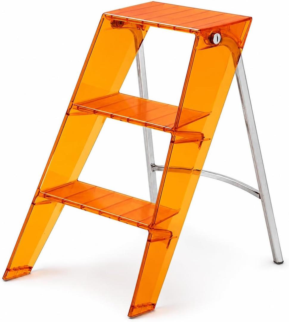 Acrylic Folding Step Stool, Clear 3-Step Ladder, 350 lb Capacity (Orange)