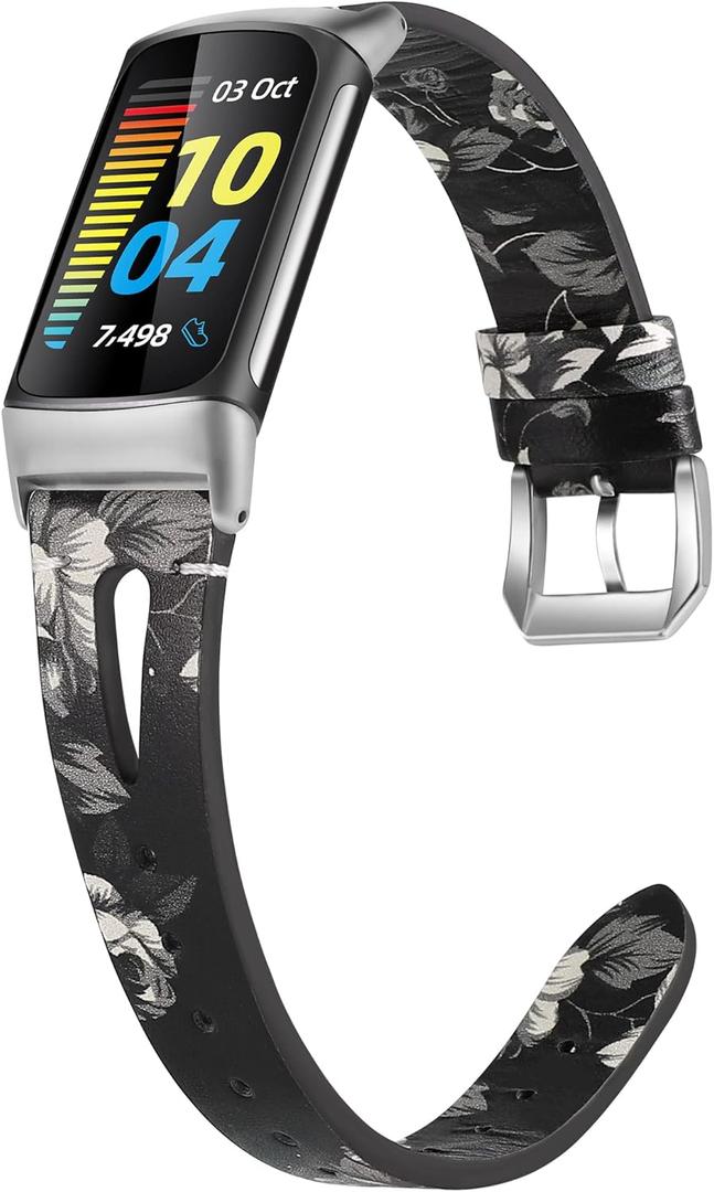 Wearlizer Compatible with Fitbit Charge 6/Charge 5 Bands - Slim Leather Watch Band Accessories for Women & Men, White Floral