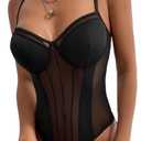 Lilosy Sexy Wireless Strappy Mesh Corset Lingerie Bodysuit Top (Small, Black)