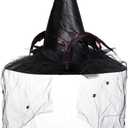 Bantoye Halloween Witch Hat for Women, Large Ruched Witch Hat with Feathers Spiders Cosplay Headwear Accessories for Party (Black)