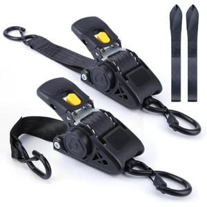 Retractable Ratchet Straps, 2'' x 10FT Self Retracting Ratchet Straps Heavy Duty with Soft Loops, 2204lb Break Strength Auto Tie Down Straps Easy Retract for Motorcycle, Truck, Cargo, 2 Pack (Black)