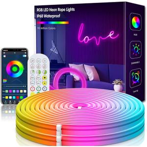 RGB Neon Strip 3 m, 24 V Neon LED Strip, Silicone Light Band, Flexible with App/Remote Control, IP67 Waterproof Music Synchronisation Strip for Home Decoration Lighting (5 m)