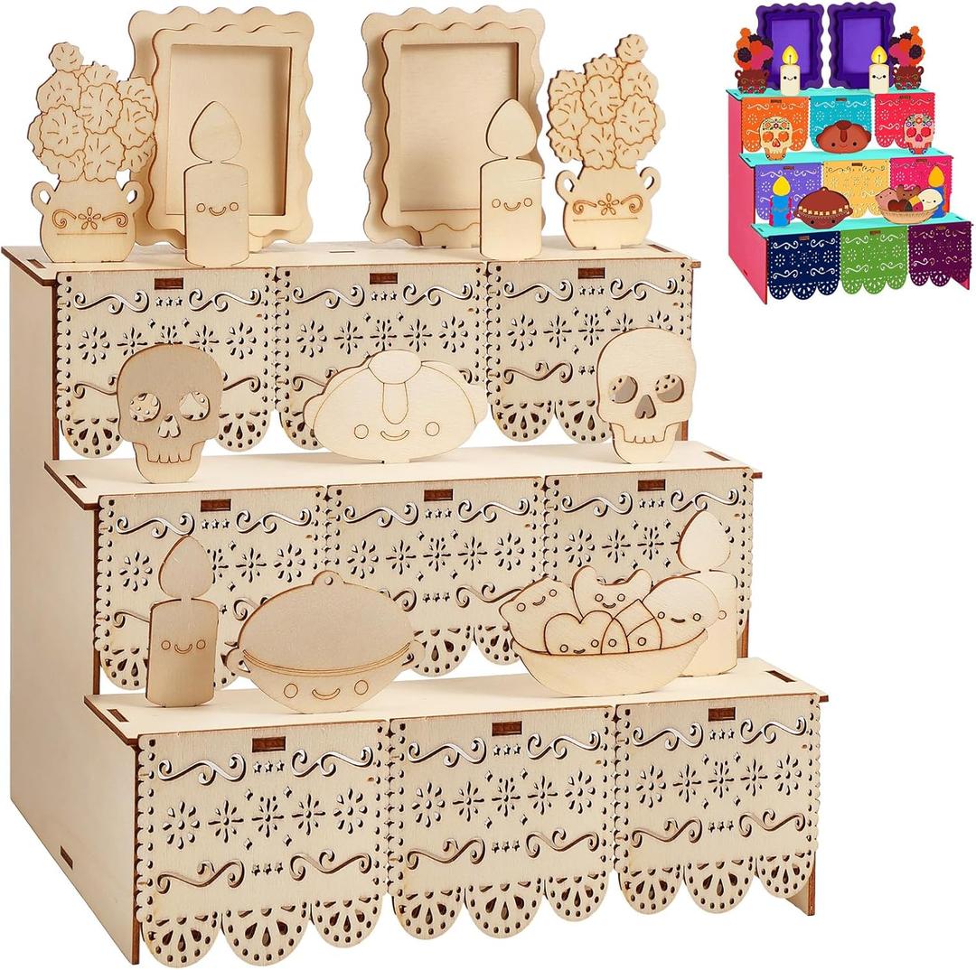 Dia De Los Muertos Decoration 14 inch Day of Dead Ofrenda Box Alter Ofrenda Wooden Box Set Photo Frame Remembrance Memory Shadow Gift Altar Supplies for Day of The Dead Home Decorations