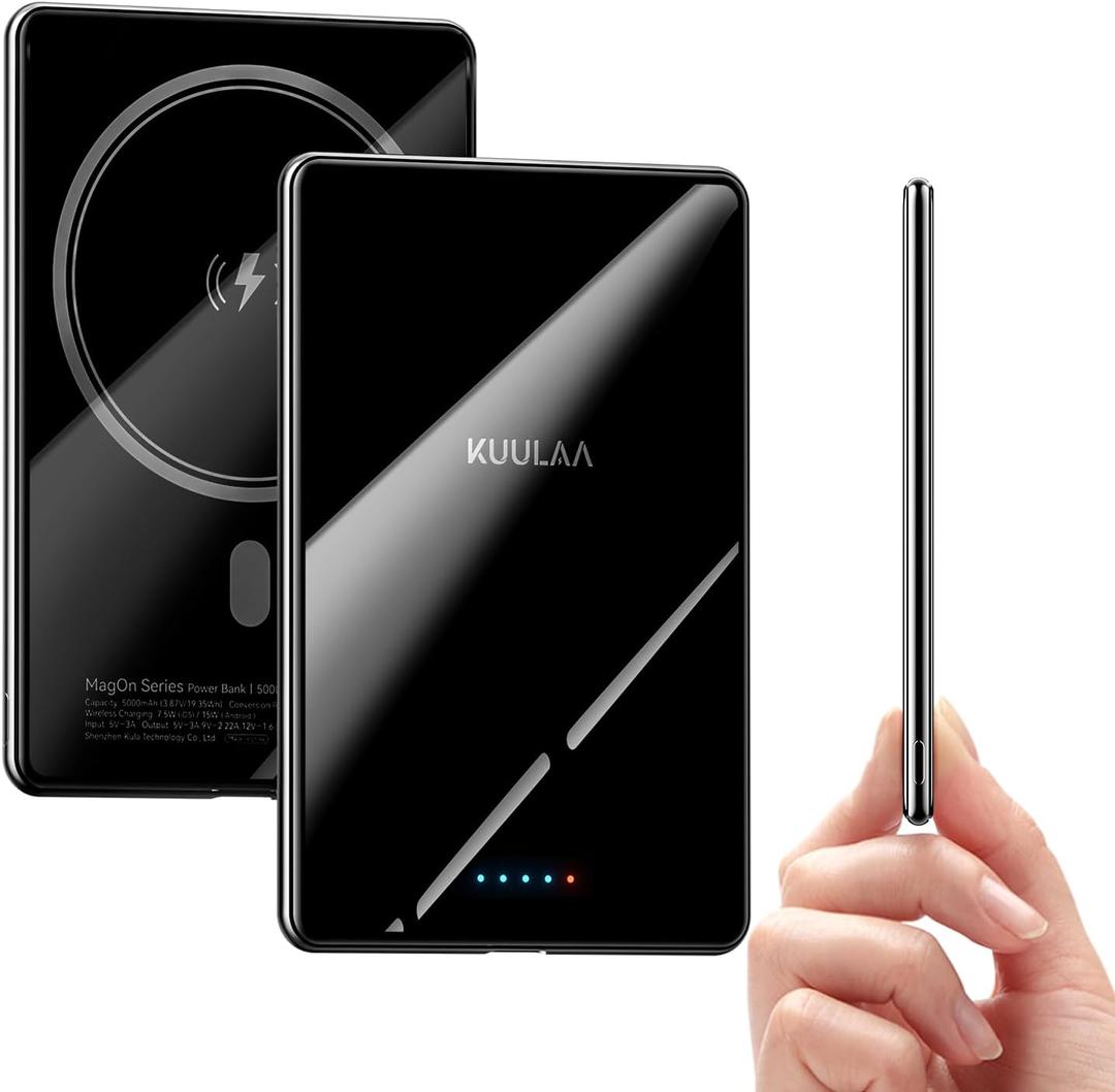 Kuulaa Magsafe Battery Pack 5000mAh, 0.27 in Ultra Slim Magsafe Portable Charger Slim Magnetic Apple Portable Charger 20W Power Delivery Power Bank for iPhone 16/15/14/13/12 Series,Black