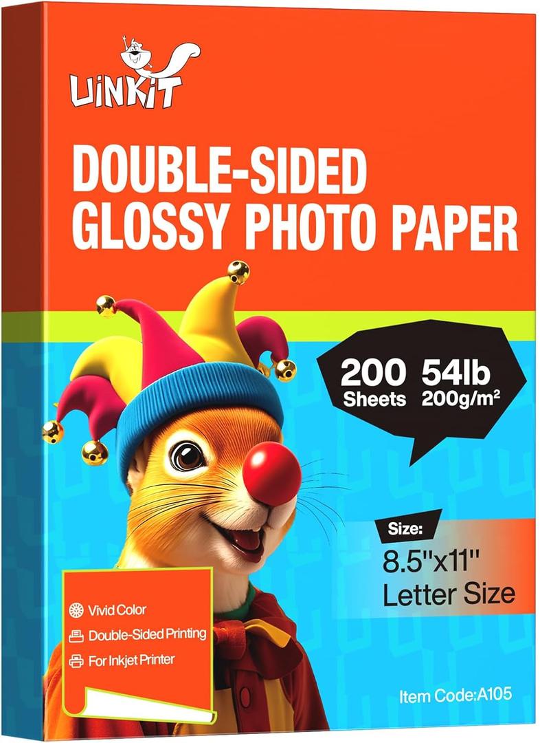 Uinkit 200 Sheets Double Sided Photo Paper Glossy 8.5x11 54lbs Inkjet for Dye Ink 200Gsm Value Bulk Pack Picture 8.5 x 11 9.5Mil for Inkjet Printing Printer (200sheets, 8.5x11)