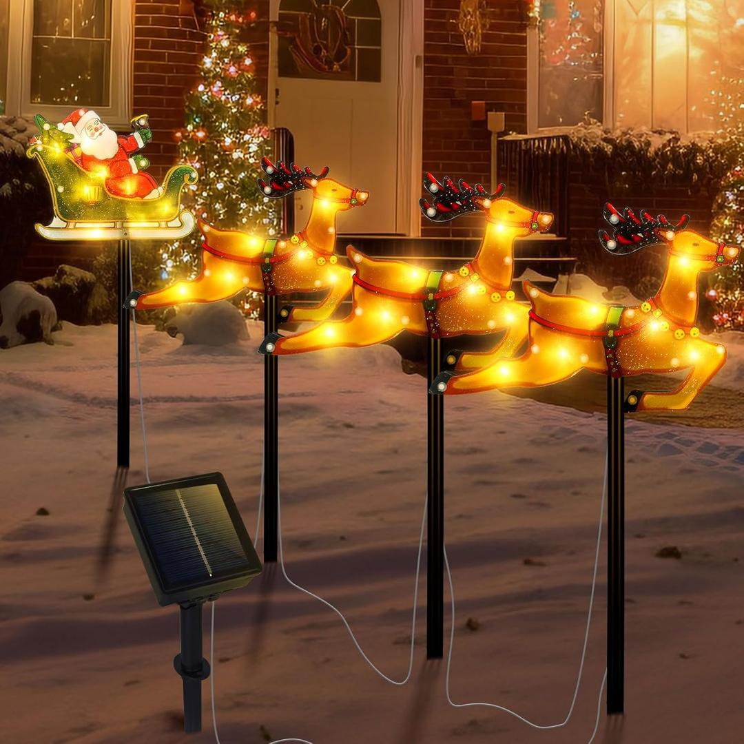 Solar Christmas Decorations with Led Lights, Solar Landscape Pathway Stakes Lights, Outdoor Christmas Decor for Garden, Yard, Porch (Reindeer & Santa)