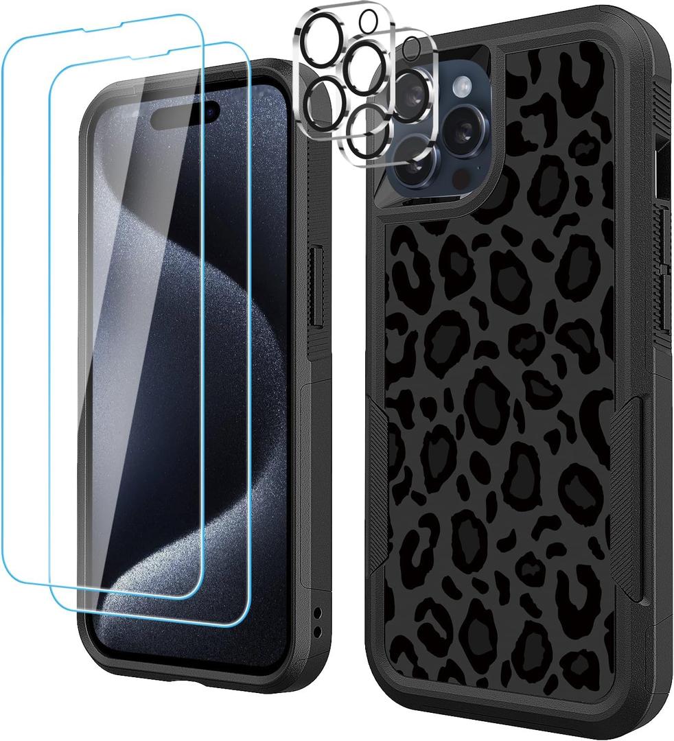 [5 in 1 for iPhone 15 Pro max Case,with 2 Pack Screen Protector + 2 Pack Camera Lens Protector,Heavy-Duty Tough Rugged Lightweight Slim Shockproof Protective Case for Women,Cute Leopard