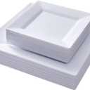 N9R 60PCS White Plastic Plates Square, 30 Dinner & 30 Dessert Plates Heavy Duty, Fancy Disposable Plates for Party, Wedding and other Events