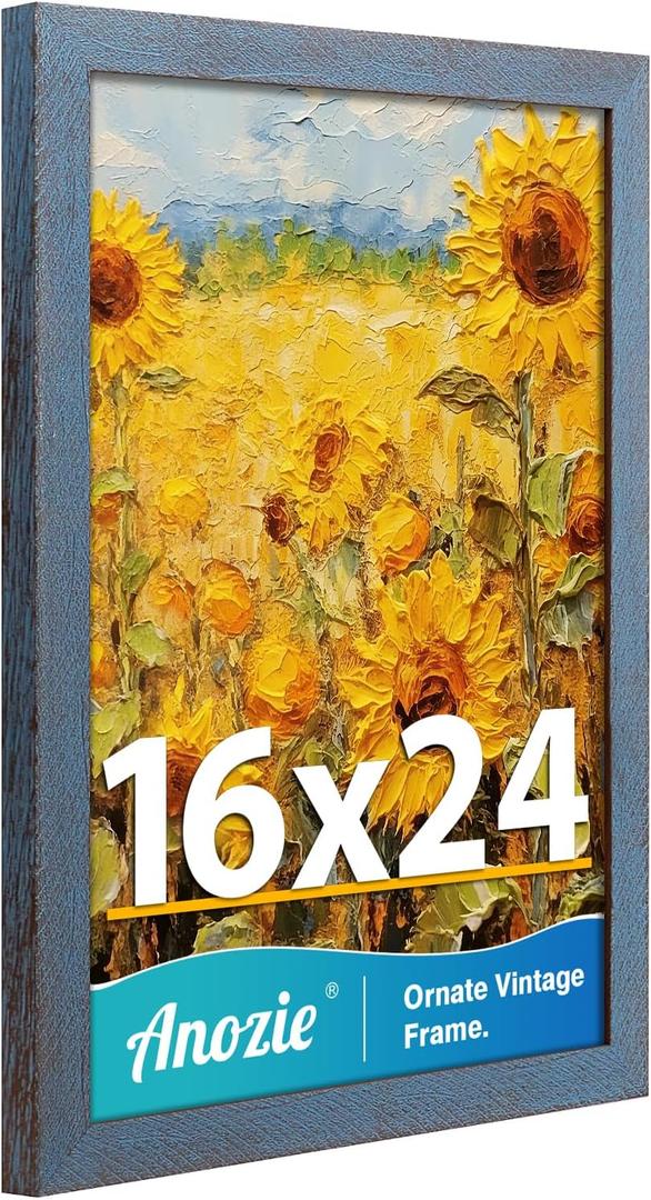 16x24 Poster Frame, Vintage 16 x 24 Picture Frame Plexiglass Glass for Wall Display, Rustic 16x24 Photo Picture Frame, Antique Blue Collage Gallery Wall Picture Frames, Widen Border