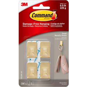 Command Small Metallic Hooks Brass Color, 4 Hooks and 5 Strips, Damage-Free Wall Hook with Adhesive Strips, No Tools Great for Hanging Home Decor, Holds up to 0.5 lb