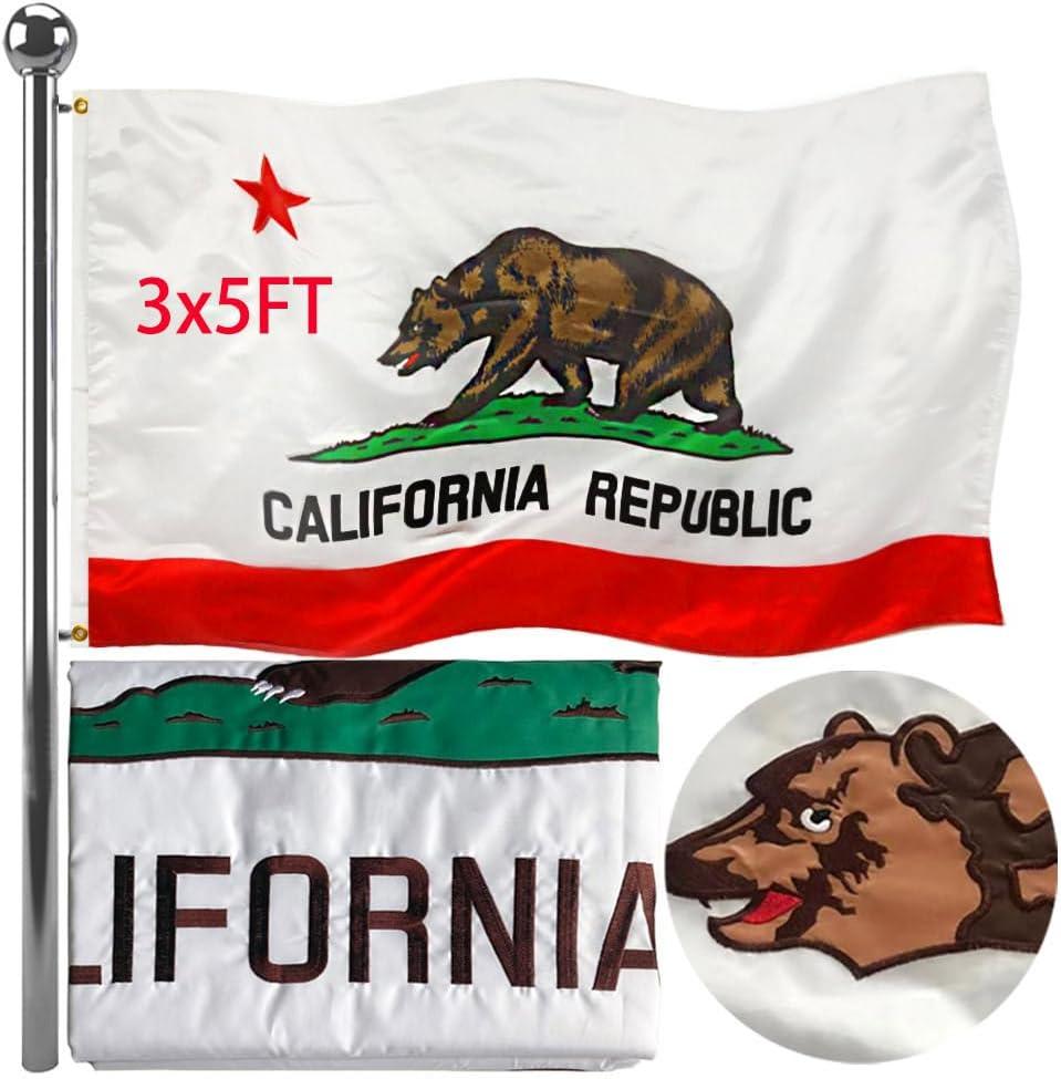 Jayus Double Sided Embroidered California Republic Sates Flags 3x5 FT Outdoor - 340D Heavy Duty Nylon Californian Cali CA Bear Flag Banner with 2 Grommets