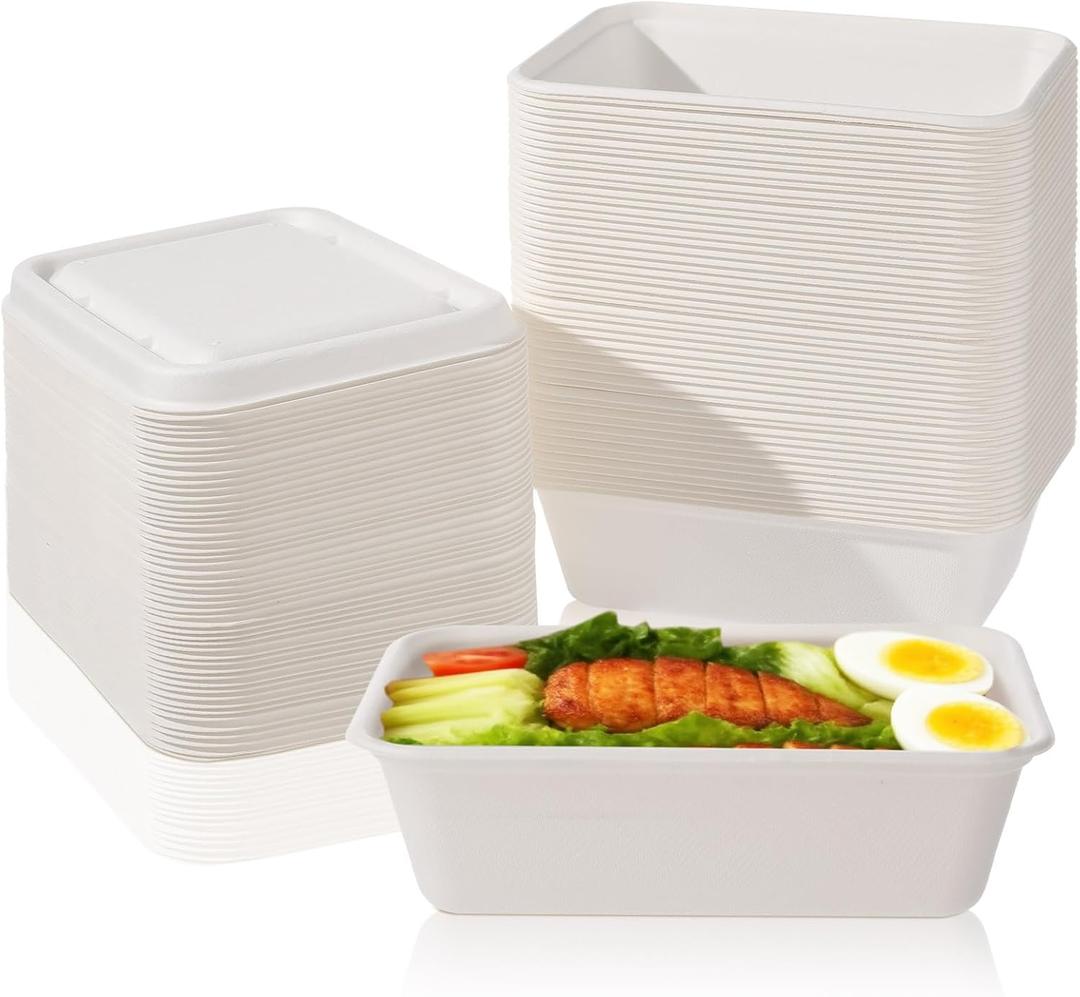 24 oz Disposable Food Containers with Lids 50 Pack Sugarcane Pulp Food Prep Containers Biodegradable Lunch Take out Box Compostable and Microwave Safe for Meal Prep (White)