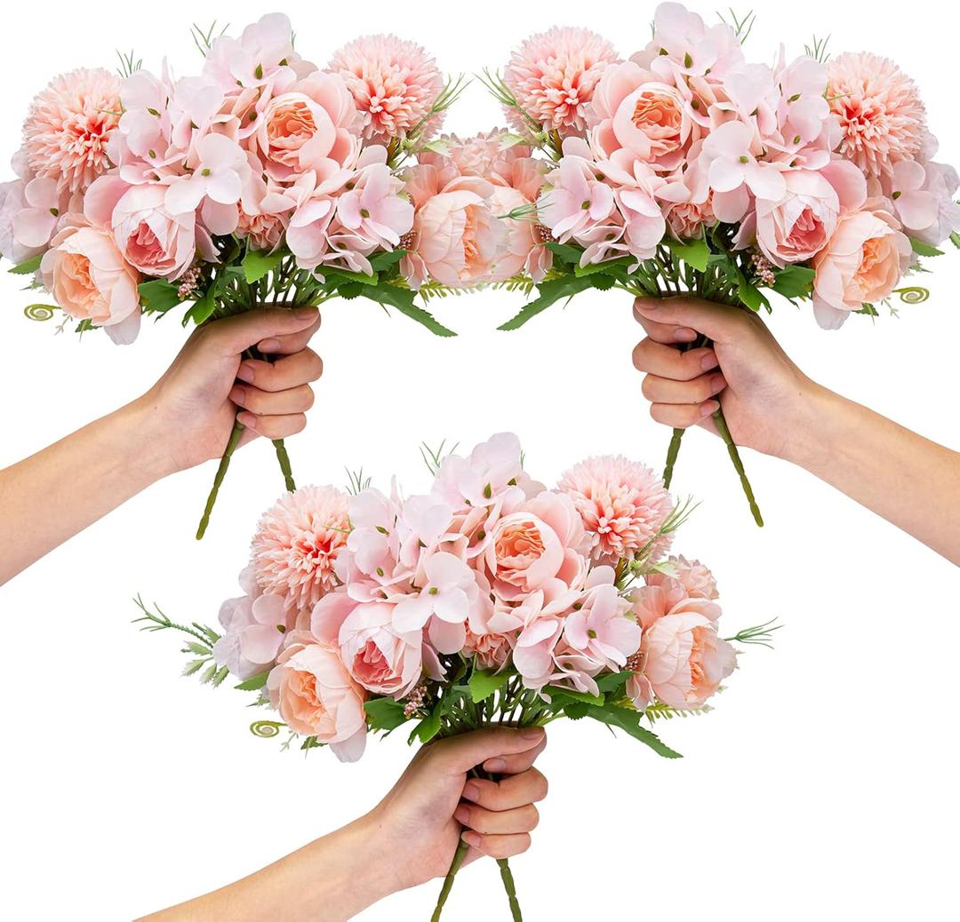 Artificial Flowers, 6 Packs Fake Peony Silk Hydrangea Bouquet Decor Plastic Carnations Daisy Realistic Flower Home Office Party Decor Arrangements Wedding Decoration Table Centerpieces Pink