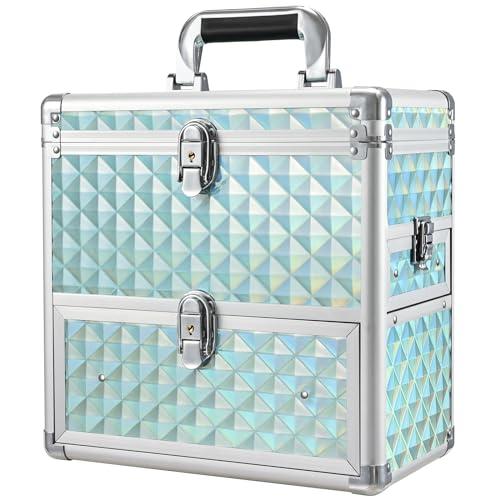 FRENESSA Extra Large Makeup Organizer Case Cosmetic Box Storage with Drawer Mirror Nail Manicure Accessory Organizer With Dividers Travel Nail Art Case for Makeup Artist Nail Tech Case Watery Blue