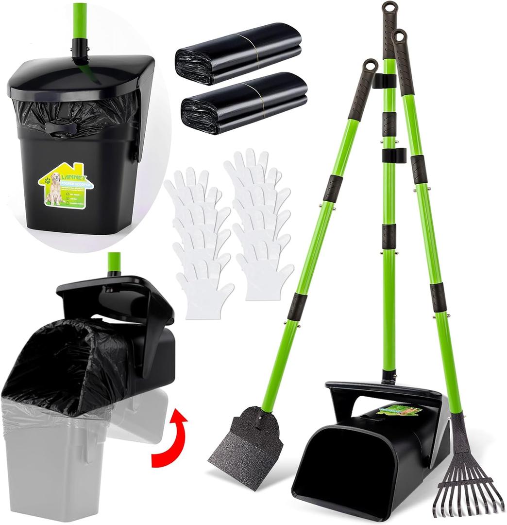 LANNEY Pooper Scooper - 38" Long Adjustable Metal Handle Dog Pooper Scooper Swivel Bin & Rake & Spade with 50 Bags Attachment, Portable Heavy Duty Dog Poop Scooper for Yard Dogs Large Medium Small (Black and green)