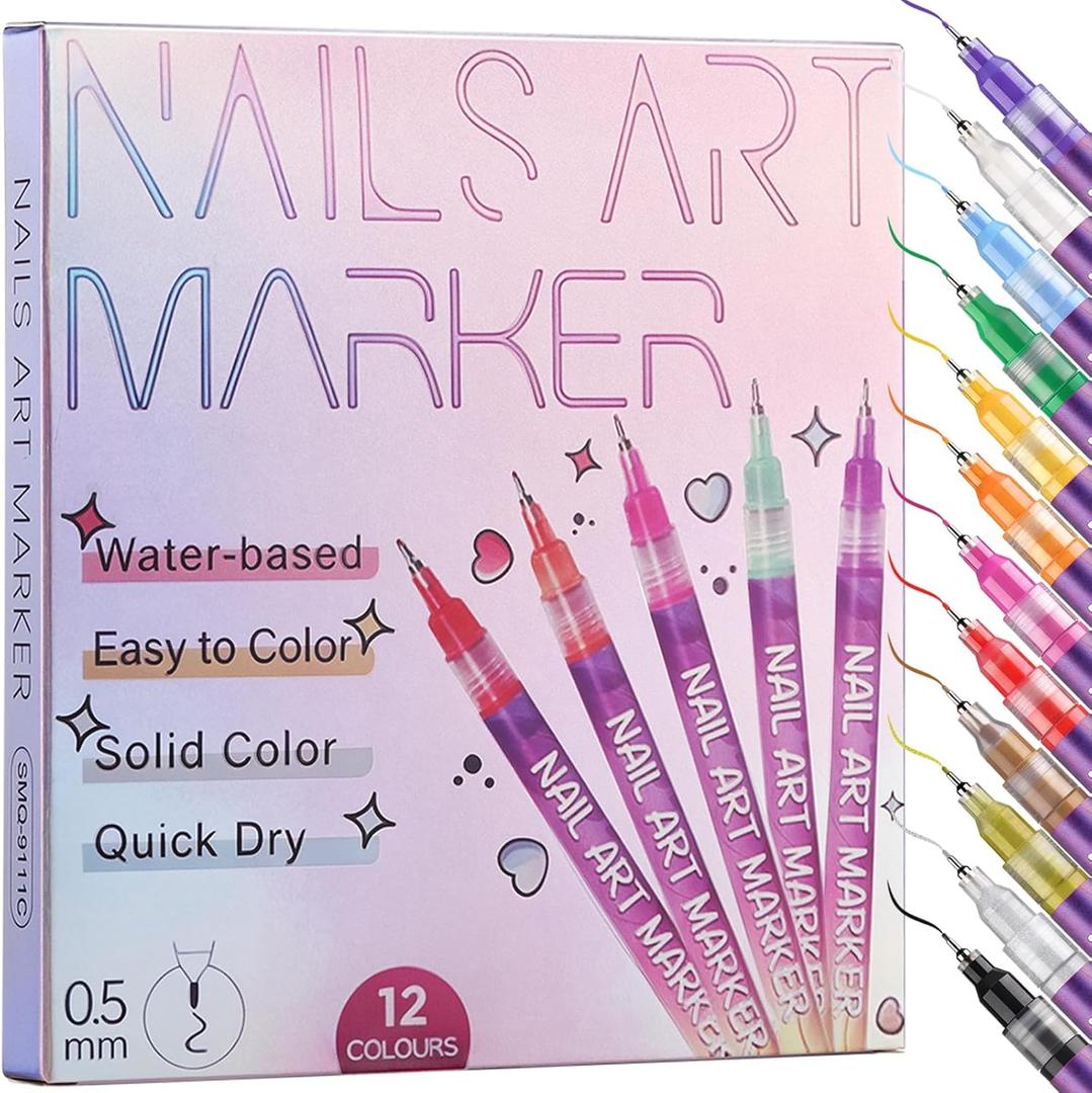 KINGMAS 12 Color Nail Art Pens, 0.5mm Nail Polish Marker Set, Drawing Painting Point Liner Acrylic Painted Pen Kit, Waterproof and Quick-drying for DIY Nails Art Design Manicure Tools