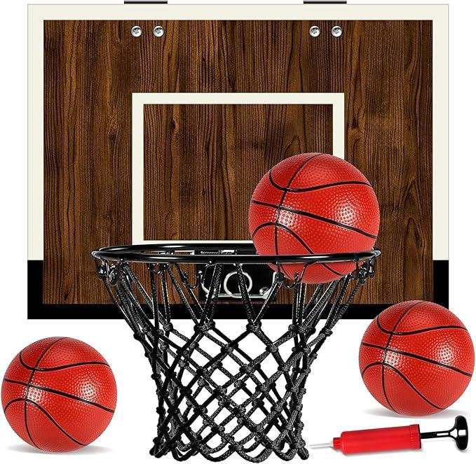 Laapee Indoor Basketball Hoop Mini Set – Wall Mount，Over The Door Dark Wood Backboard & Iron Rim, AntiShock Padding, 3 Balls & Air Pump, 16"x12"x3" (NoScore Version)