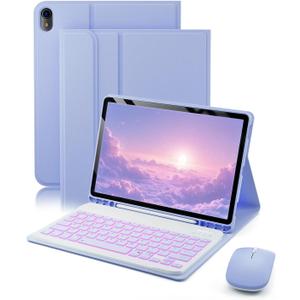 for iPad A16 11th / 10th Generation Case with Backlit Keyboard - 7 Color Change for iPad 10th Gen 2022 & 11th Gen 2025 A16 10.9/11 inch Cover - Built-in Pencil Holder with Mouse - Purple