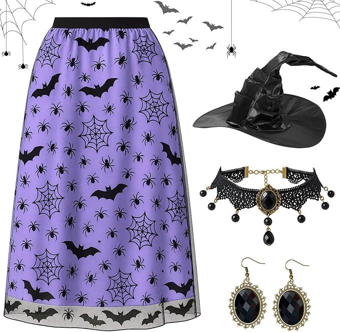 Yearntown 4 Pcs Women Halloween Costume Accessory Set Mesh Long Skirt Ruched Witch Hat Gothic Choker Earrings Set(Purple,XXL)