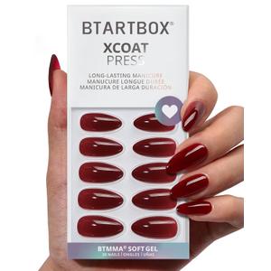 BTArtbox Press On Nails Almond - Lamp-Curable Dark Red Medium Press On Nails with Glue for Women, Semi-Transparent Soft Gel Glue On Nails in 16 Sizes - 32 Stick On Nails Kit, Blackout