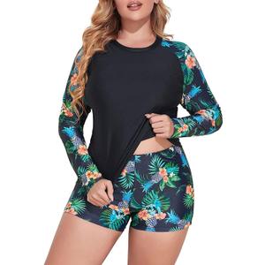 Daci Women Plus Size 2 Piece Long Sleeve Rash Guard Swimsuit Swim Shirts Top UPF 50+ with Boy Short Swimwear (12 Plus, Pineapple)