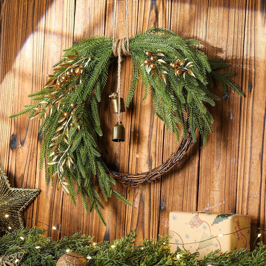Dingion Small Norfolk Pine Christmas Wreath 11.8 in Christmas Kitchen Cabinet Norfolk Pine Wreath Mini for Front Door Artificial Farmhouse Rustic Xmas Decor for Window Fireplace Table Wall(Exquisite)
