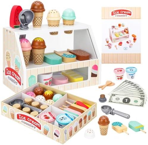 ZJEFUNS Wooden Ice Cream Toys for Kids Ice Cream Counter Shop for Toddlers Pretend Play Food Scoop and Serve with Scoop & Menu & Fake Money for Boys and Girls Ages 3 4 5 6. (Beige)