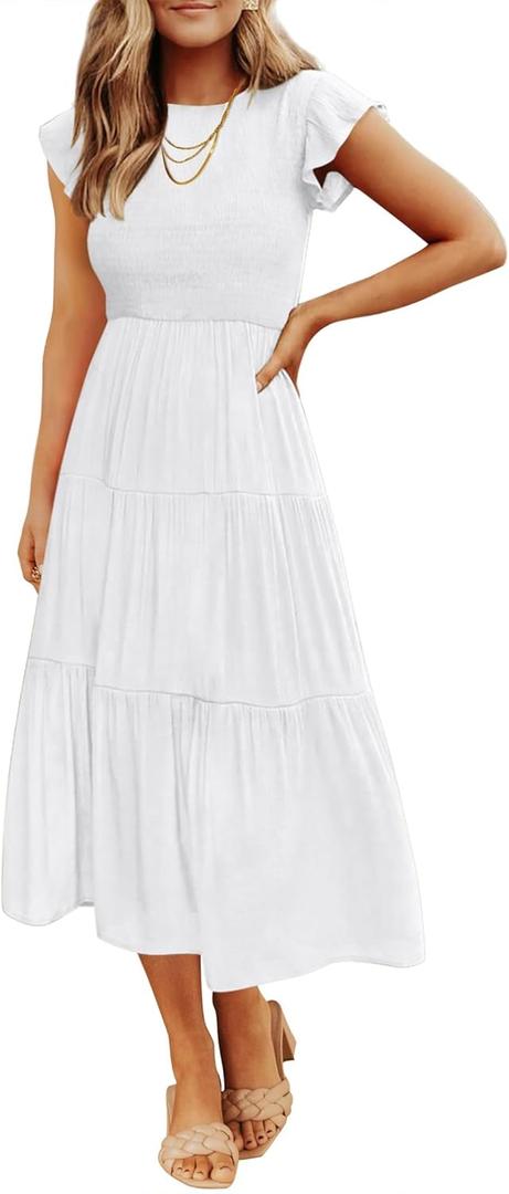 ZESICA Women's 2026 Summer Casual Flutter Short Sleeve Crew Neck Smocked Elastic Waist Tiered Midi Dress (White Small)