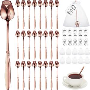 Roshtia 50 Sets Rose Flower Shaped Tea Spoons Wedding Favor for Guests 5.2" Flower Dessert Mini Teaspoon with 50 Gift Tag and 50 Organza Bag for Tea Party Bridal Shower Guest Souvenir (Rose Gold)