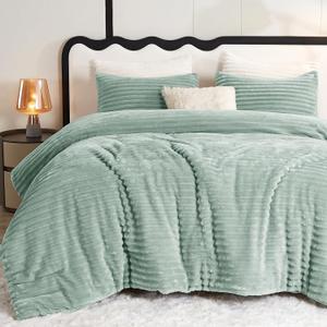 CozyLux Fluffy Queen Comforter Set - Super Soft Faux Fur Sage Green Comforter Queen Size, Winter Warm Fleece Bedding Set, 3 Pieces Plush Fuzzy Bed Set (1 Shaggy Comforter, 2 Pillowcases)