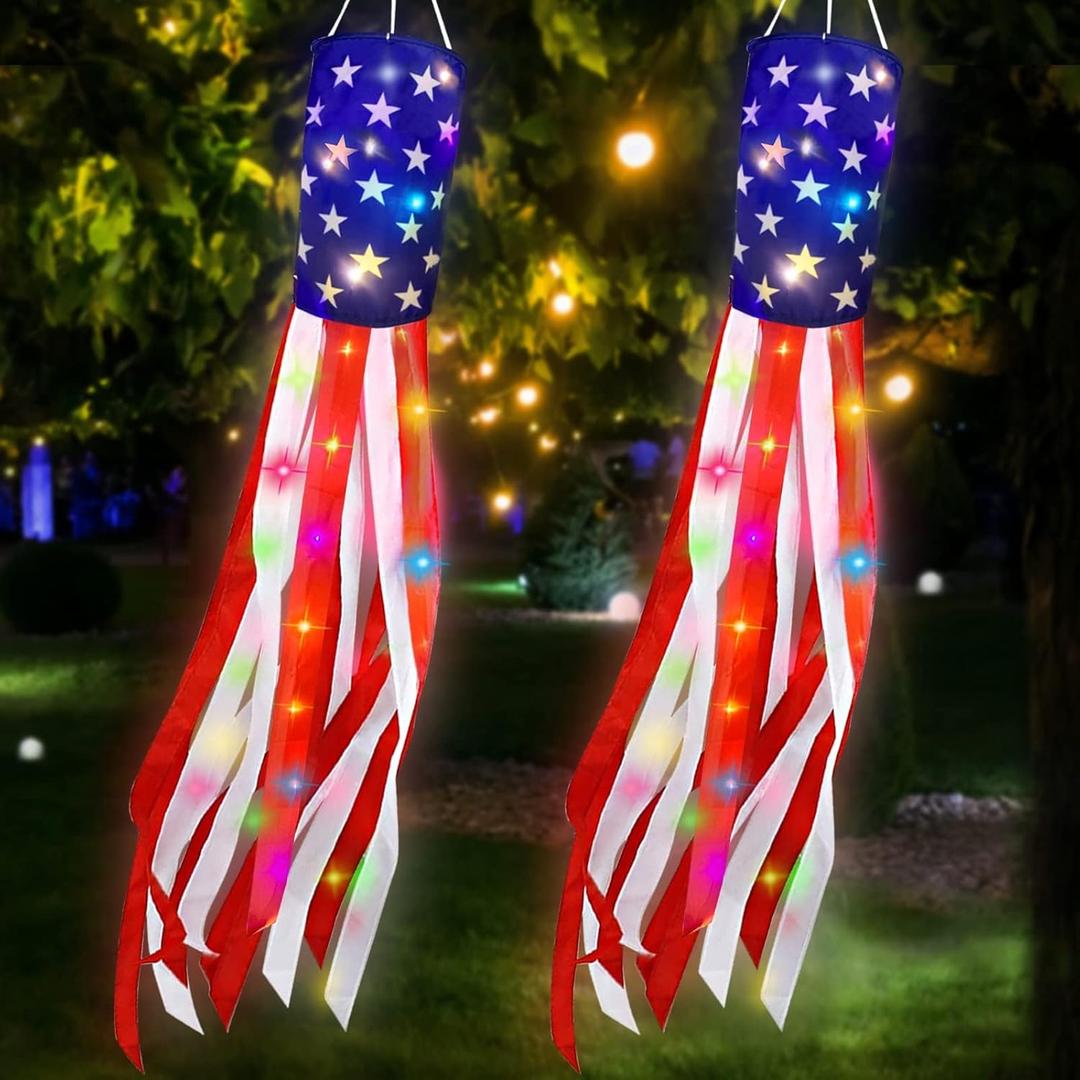 4th of July Decorations, 2 Pack 40 Inch American Flag Windsock with Lights Red White Blue Star Stripes Patriotic Windsock Hanging Decorations Memorial Day Independence Day Fourth of July Outdoor Decor