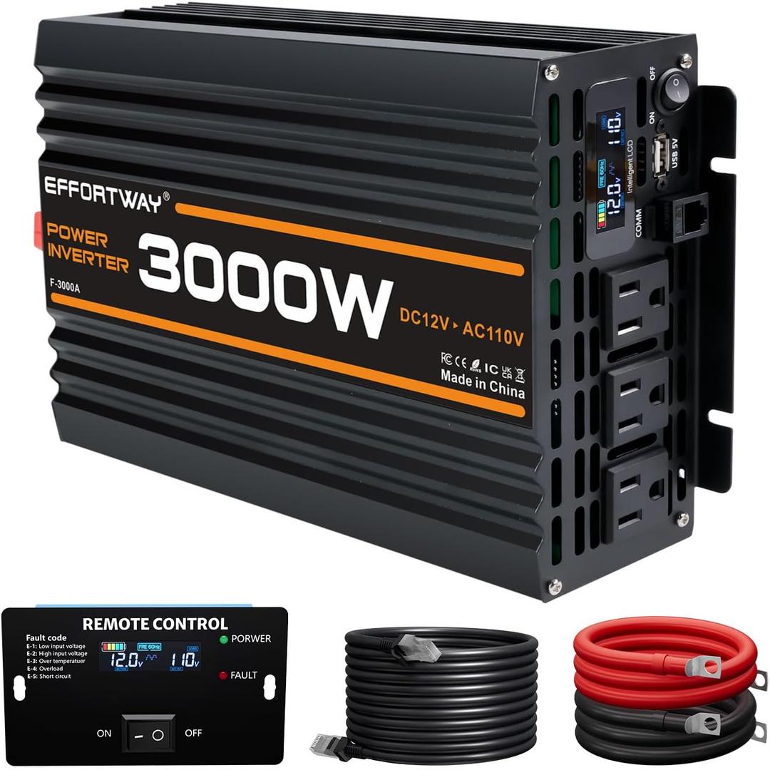 3000W Power Inverter, 12V DC to 110V/120V Modified Sine Wave Inverter with 3 AC Outlets, USB Port, Wired Remote Controller, Car Power Inverter for RV, Truck, Boat, Camping, Off-Grid