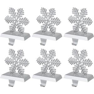 OCTERIC 6 Pcs Christmas Snowflake Stocking Holders, Snowflake with Diamond Stocking Hanger Mantel Weighted Heavy Metal Stocking Hook Stand with Non-Slip Strips for Tables Window Fireplace Home Décor