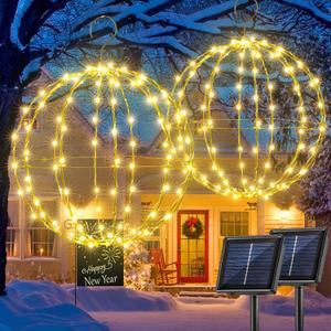 Joomer Christmas Solar Ball Lights, 13IN & 11IN Foldable Metal Sphere Lights Waterproof 8 Modes with Hook, Solar Powered Hanging Globe Light for Outdoor Christmas Decoration (2 Pack, Warm White)