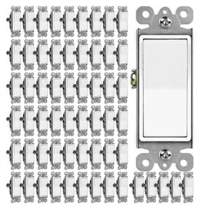 BESTTEN 60 Pack 3-Way Decorator Paddle Rocker Wall Light Switch, Single Pole or Three Way, 15A 120V/277V, On/Off Interrupter, UL Listed, White