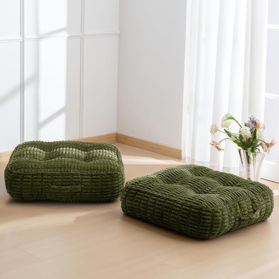 6" Washable Floor Pillow Cushion for Adults, Meditation Cushion Pillow, Removable Tufted Blended Corduroy Cover, Large Square Floor Sitting for Tatami Living Room or Yoga, 2Pack, Machine Washable (Square Dark Green)