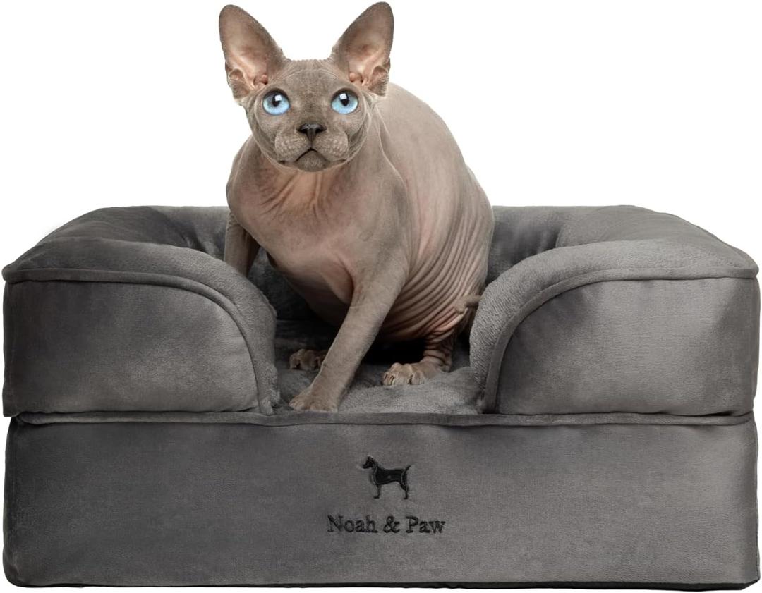NOAH & PAW Small Dog Bed, 20x15x8 Inch, Cat Bed for Indoor Cats, Orthopedic Eggshell Memory Foam Infused with Cooling Gel, Waterproof Inner Cover Machine Washable (Velvet Collection) (Grey)