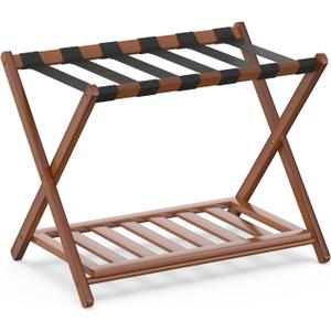 BAMBOOHOMIE Bamboo Luggage Rack for Guest Room, Wide Suitcase Stand with Storage Shelf, Folding Luggage Stand Holder for Bedroom Hotel, 26.77" Thickened Luggage Rack for Suitcases, Brown