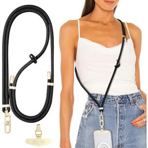 Adjustable Anti-Theft Phone Lanyard Neck & Crossbody Strap with 0.2mm Metal Tab & Comfort-Fit 8mm Rope (Black)