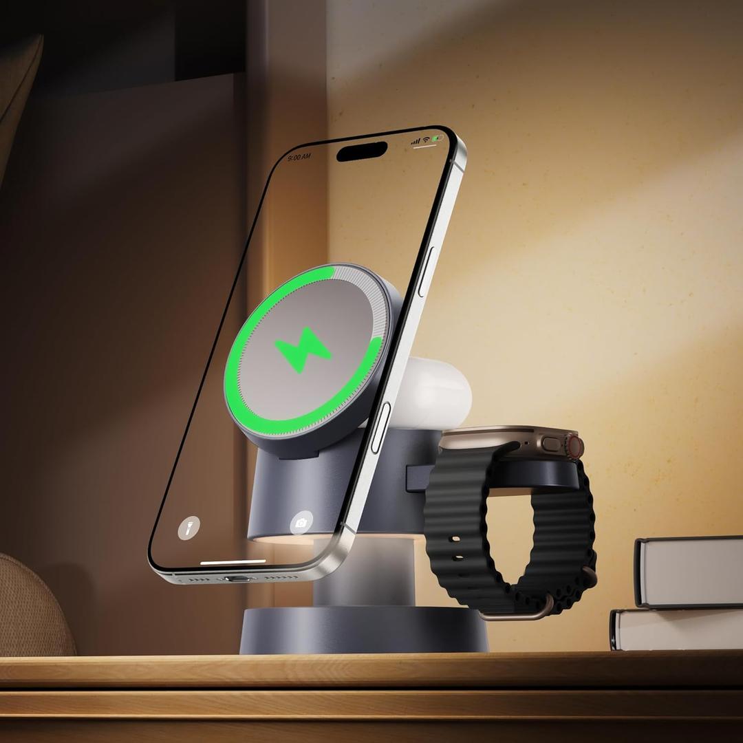 iVANKY 15W Fast 4 in 1 Wireless Charging Station with Mushroom Light for MagSafe Magnetic Charger, 22.5W Travel Stand, 3 in 1 Charge for Apple Phone 16 15 to X Pro Max Plus Air, Apple iWatch, Airpods (Without Power Adapter)