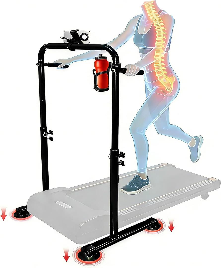 Ergonomic 24.4 Inch Wide Handle Bar for Walking Pad Only,with Phone and Cup, Holder Adjustable Handrail Height from 38.58 to 47.24 in,Saarland Steel, Back Relief&Posture Support (Black)