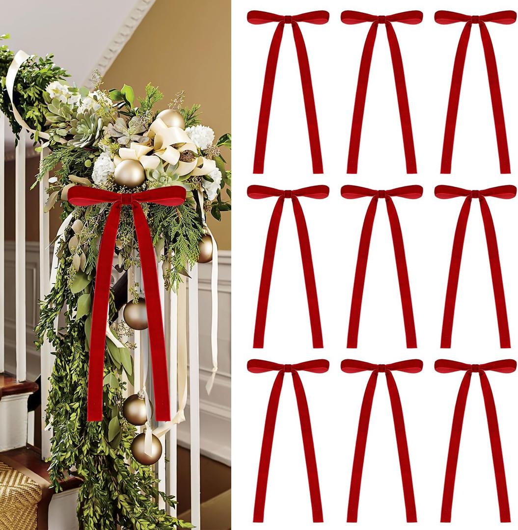 20 Pcs Velvet Bows for Christmas Tree - 5.9" x 11.81" Vintage Rustic Ribbon Bow Ornaments for Xmas Gift Wrapping Garland Wreath Window Fireplace Staircase Holiday Wedding Home Decor (20, Red)