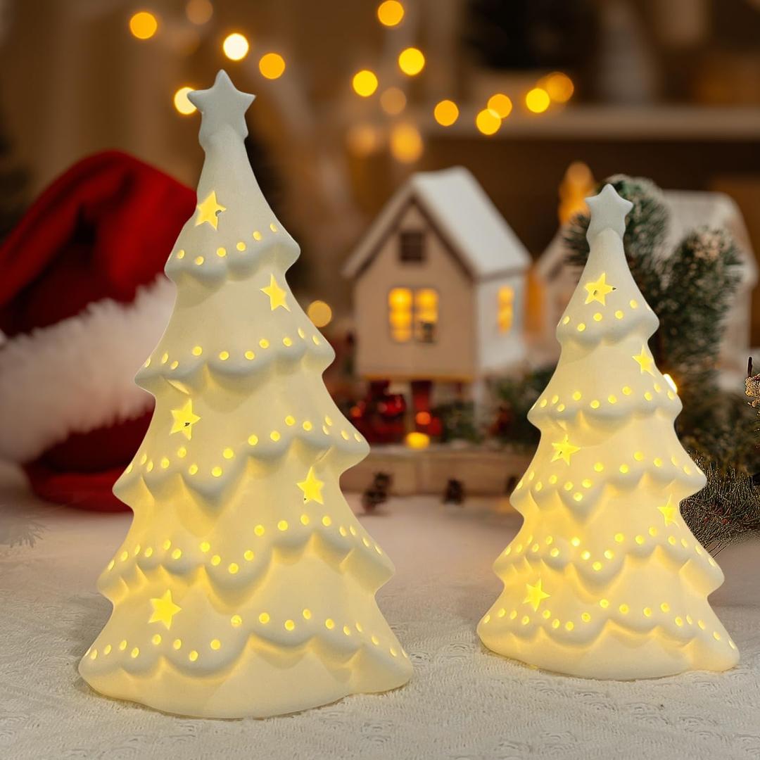 2 PCS White Ceramic Christmas Tree with Lights Ceramic Christmas Trees That Light Up for Tabletop Decor, Frosted Xmas Tree Set Elegant Christmas Tree for Home, Gift & Winter Village (7.68'' & 6.3'')