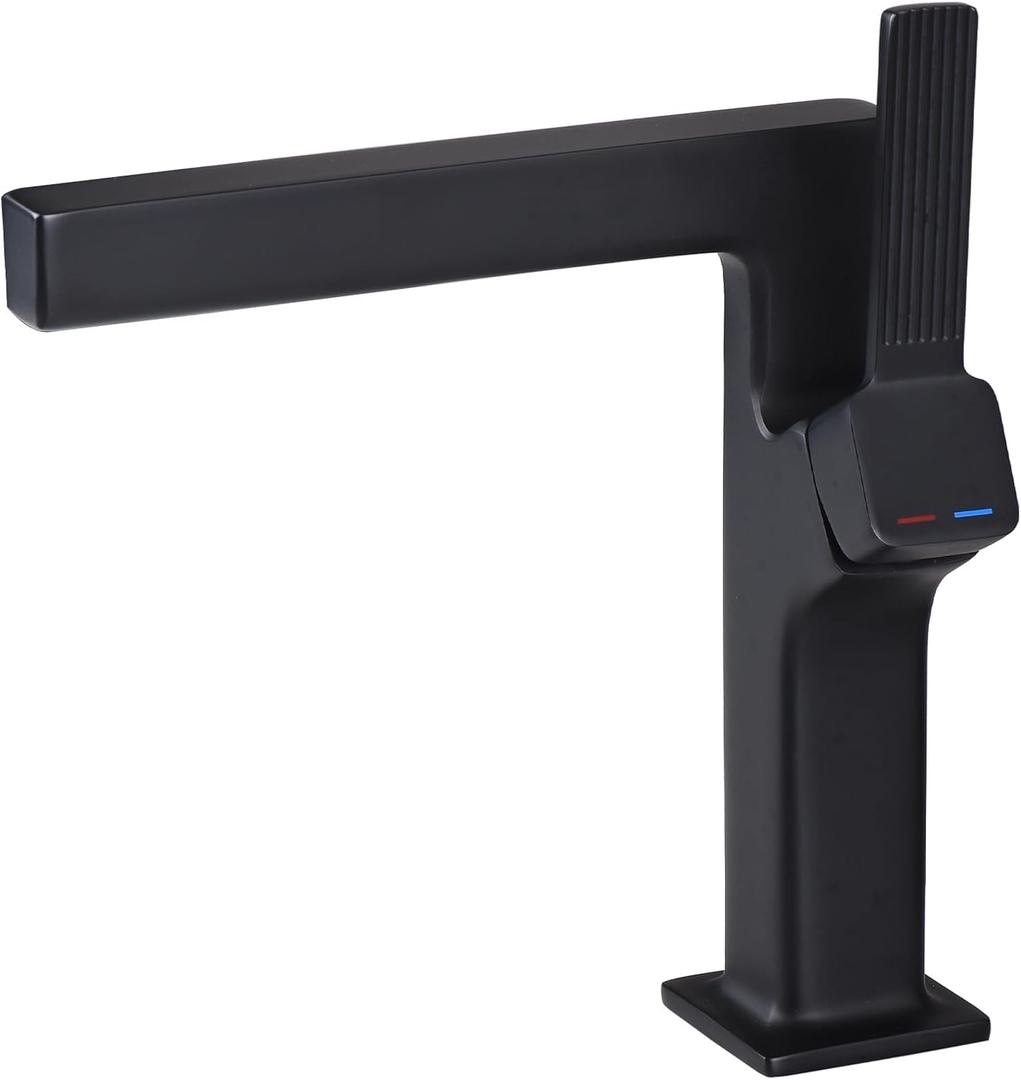 Matte Black Waterfall Bathroom Faucets 1 Hole, Lavatory Faucet, Solid Brass Single Handle Basin Mixer with 2 Supply Lines for Restroom Guestroom RV Sink Vanity