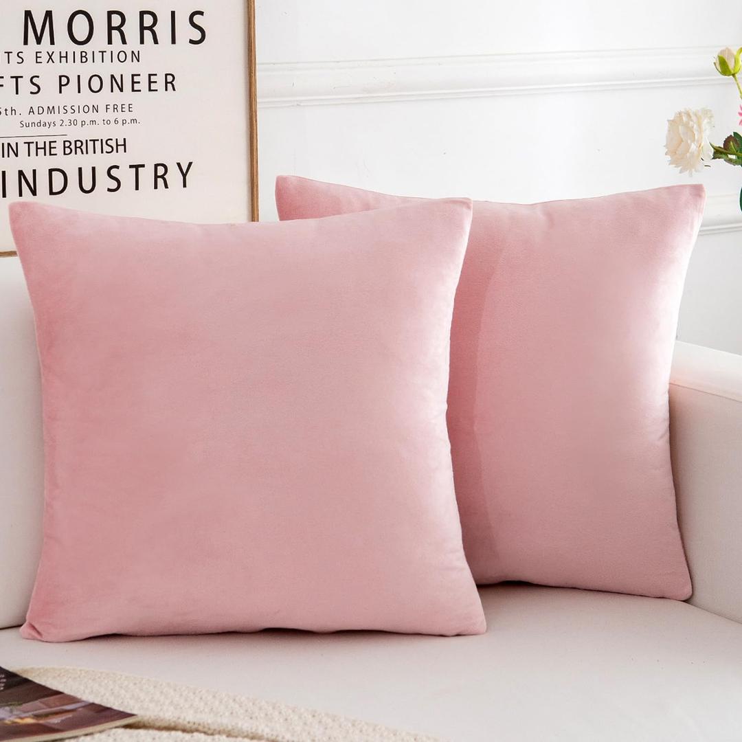 Velvet Decorative Throw Pillow Covers, Soft Square Cushion Case Home Decor for Living Room Couch Bed Sofa, Set of 2 Pack, Pink, 18x18 Inch