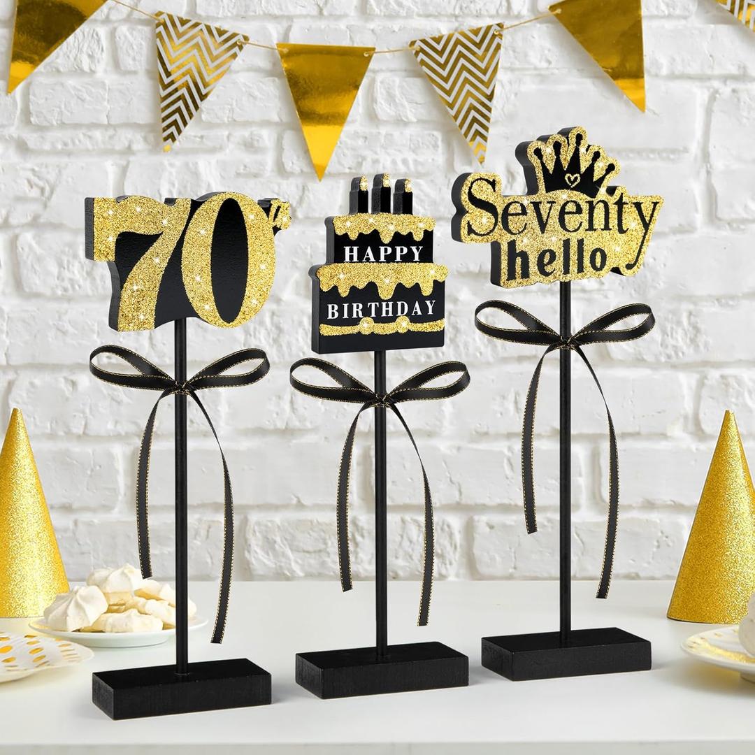 3 Pcs 70th Birthday Table Decorations Wooden Signs,Happy 70th Birthday Tiered Tray Decorations for men women Birthday Party Decor