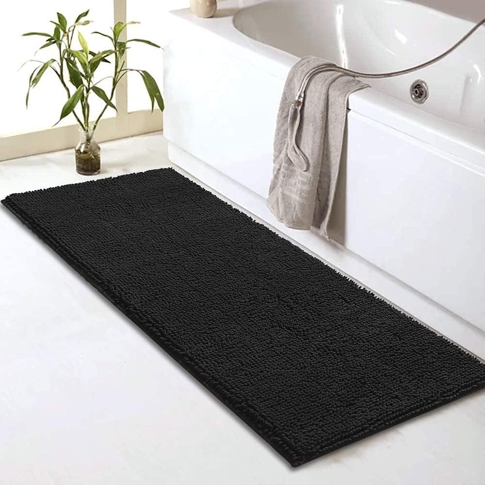 Non-Slip Black Extra Long Bath Mat for Bathroom Floor - Fluffy Soft Ultra Wet Absorbent Machine Washable Chenille Noodle Striped Rugs (59" x 20")